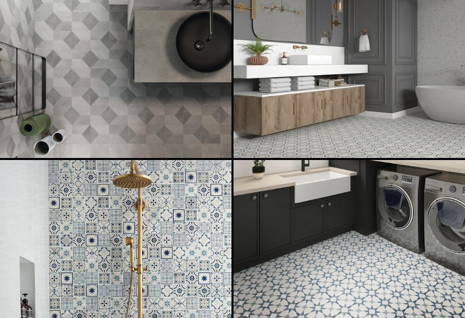 Collage of interior spaces featuring muted encaustic patterned tile